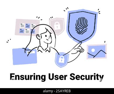 User security concept with person interacting with shield icons and digital elements in blue and gray tones. Minimalist hand drawn style Stock Vector