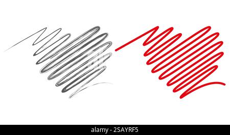 Two hearts made of doodles. Grey and red scribble hearts art. Flat vector illustration isolated on white background. Stock Vector