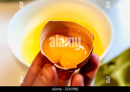Double egg yolk in an egg Stock Photo