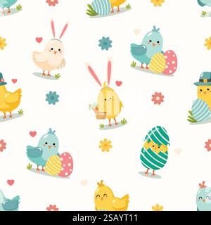 Colorful easter cute chicks birds seamless pattern. Happy Easter concept. Stock Vector
