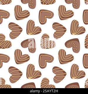 Seamless pattern of heart shaped chocolate candy in mocha mousse color on a white background. Ideal for Valentine Day, confectionery theme, packaging Stock Vector