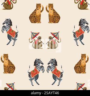 Seamless pattern with zebra, leopard and monkey. Vector. Stock Vector