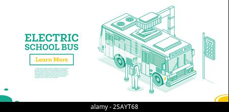 Isometric Electric School Bus on Charging Station. Vector Illustration. Ecological Public Transport. Outline Concept. Stock Vector