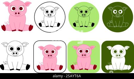 Pig in graphic line art drawing style vector cute logo. Abstract pig silhouette minimalist black linear design isolated on white background. Stock Vector