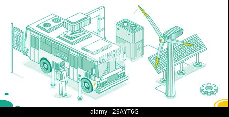 Isometric Electric School Bus on Charging Station. Solar panels with wind turbines. Vector Illustration. Ecological Public Transport. Outline Concept. Stock Vector