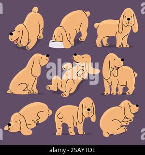 Set of pictures with a cute spaniel dog. A pet is a friend. Little cheerful puppy. Animal character. Cartoon vector illustrations Stock Vector
