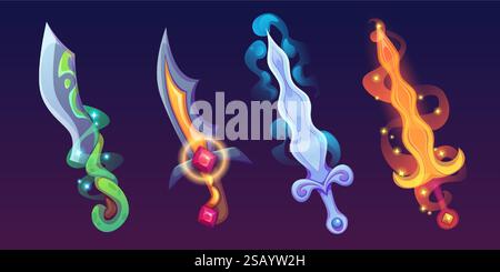 Magic game swords set isolated on background. Vector cartoon illustration of medieval weapons, knight or viking metal daggers decorated with gemstones, ice or fire blade effect, ancient arms props Stock Vector