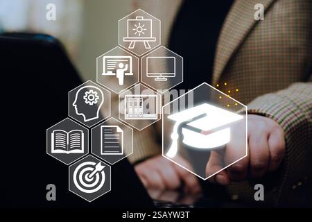 Concept of Online education. Adult woman use Online education training and e-learning webinar on internet for personal development, professional quali Stock Photo