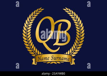 Initial letter Q and B, QB monogram logo design with laurel wreath. Luxury golden emblem with calligraphy font. Stock Vector