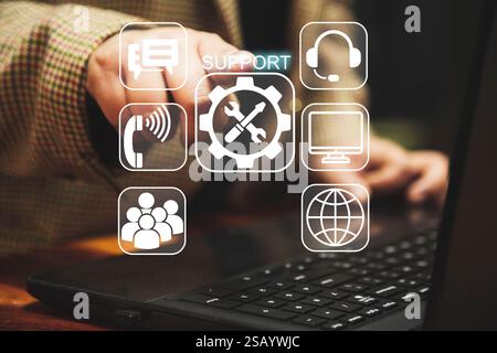Businessman touching on virtual screen contact icons (email, address, live chat, telephone). Customer service, helpdesk advice online support people c Stock Photo