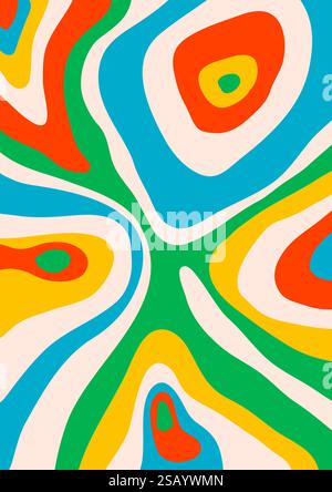 Retro background with Abstract psychedelic wavy pattern. Groovy waves in warm retro colors. Trendy twisted liquid texture in abstract y2k style Stock Vector