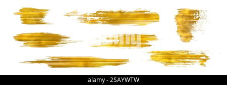 Gold foil brush strokes set with metallic shimmering texture. Painted rough horizontal lines for luxury decorative design elements. Abstract glowing textured yellow swipes on white background. Stock Vector
