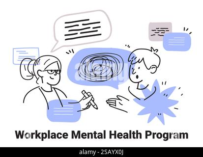 Workplace mental health program discussion doodle style. Two people conversing with speech bubbles and abstract shapes in a minimalist design Stock Vector