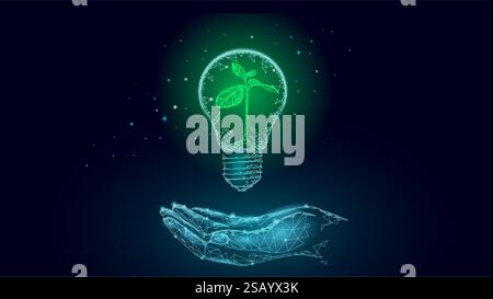 Lightbulb plant hand. Green sprout inside glowing bulb. Eco energy sustainability concept. Low poly geometric design vector illustration. Stock Vector