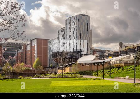 Freight Island and Manchester Marriott Hotel Piccadilly seen from Mayfield Park. UK Stock Photo