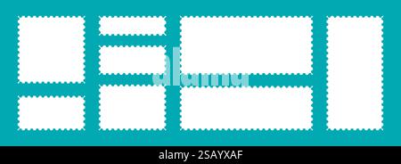 White postage stamps set. Post stamp frames and borders. Rectangle and square template for mail, postcard, letter, note. Jagged wavy edge forms. Vector zigzag objects for badge, sticker, photo, frame Stock Vector