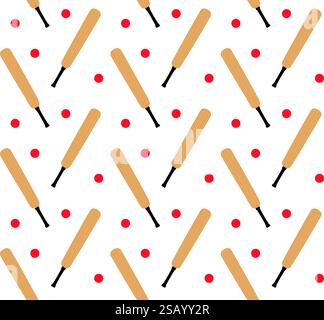 Vector seamless pattern of flat colored cricket bat and ball isolated on white background Stock Vector
