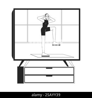 Fitness video on TV screen black and white 2D line object Stock Vector