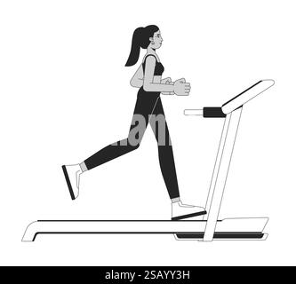 Middle eastern woman running on treadmill black and white 2D line character Stock Vector