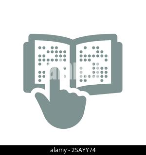 Hand reading a braille book. Open book for visually impaired, tactile alphabet vector icon. Stock Vector