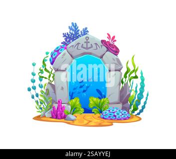 Cartoon underwater landscape with rock arch and seaweeds. Vector ...