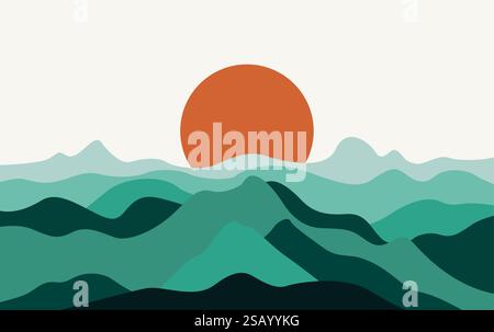 Abstract landscape hills with earth tone sunrise. mountain vector background Stock Vector