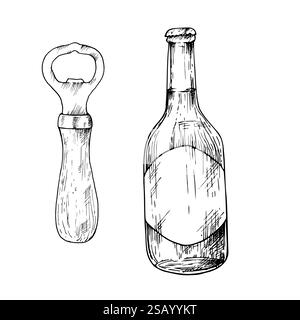 Vector Glass bottle of soda, beer. Graphic ink wooden bottle opener illustration isolated on background. Hand drawn line sketch. For designers, prints Stock Vector