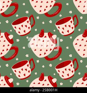 Seamless pattern with teapot and cup with red heart and daisy on green background in flat style. Perfect for home decor, textile and kitchen towel Stock Vector