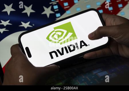 In this photo illustration, the Nvidia Corporation logo is displayed on an iPhone screen on January 30, 2025 in Guwahati, India. Nvidia Corporation is Stock Photo