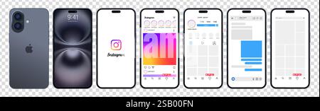 Instagram mockup in dark Iphone 16. Set screen social media and social network interface template. Stories user button, symbol, sign logo. Stories, li Stock Vector