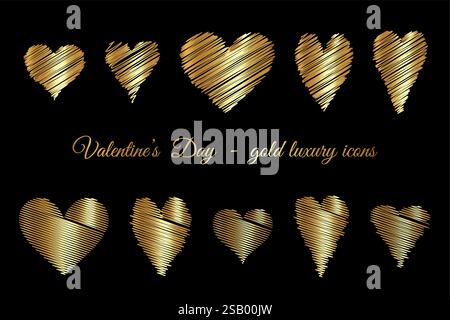 Gold hand drawn heart set collection scribble markers hearts isolated on black background. Golden luxury vector illustration logo icons for print Stock Vector