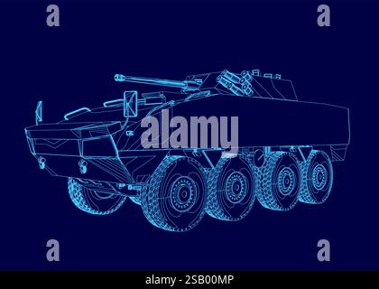 Blue drawing of a tank with a large gun on top. The tank is shown in a stylized way, with the wheels and tires visible. Scene is one of strength and p Stock Vector