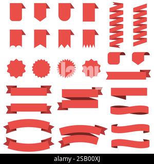 Red ribbon banners set. Big ribbons set. Ribbons collection isolated on white background. Royal ribbons set for promotion design. Vector graphic. stoc Stock Vector
