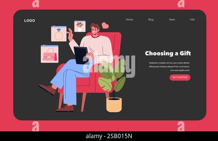 Valentine's Day gift selection concept. A person is thoughtfully choosing presents while seated comfortably in a chair, surrounded by visual reminders of love. This scene captures the essence of thoughtful gifting on a romantic holiday. Vector illustration. Stock Vector