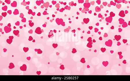 Valentines Day pink background with red hearts falling down bokah backgr for greeting cards, wedding invitation, gift packages, celebration backdrop. Stock Vector