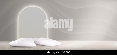 Marble podium with organic pattern on natural stone platforms under illuminated arch backdrop. Soft light arc wall with curved wavy elements and textured white surfaces for product presentation. Stock Vector
