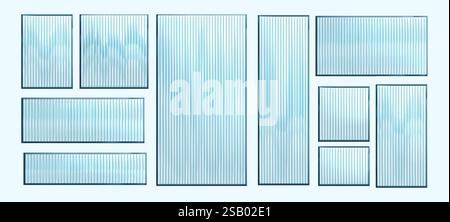 Ribbed glass panels set with different rectangular shapes. Transparent textured surfaces with vertical striped pattern in light blue color. Architectural elements for interior design or window decor. Stock Vector