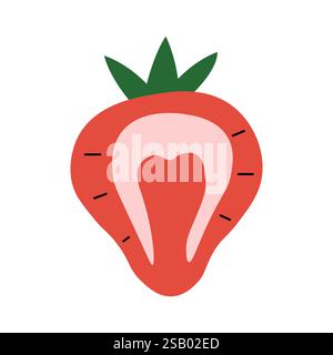 Minimalistic illustration of a halved strawberry with green leaves, pink core, and black lines Stock Vector