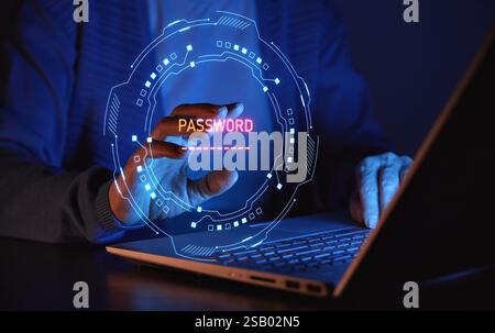Security and reset password login online concept. A person is entering a password on a laptop, using a virtual keyboard. Stock Photo