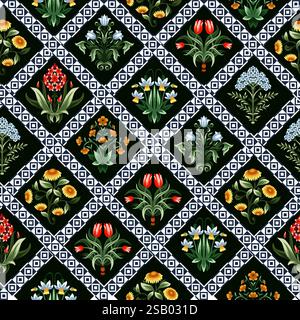 Ditsy seamless pattern with symmetrical flowers. Vector. Stock Vector