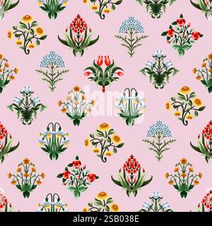 Ditsy seamless pattern with symmetrical flowers. Vector. Stock Vector