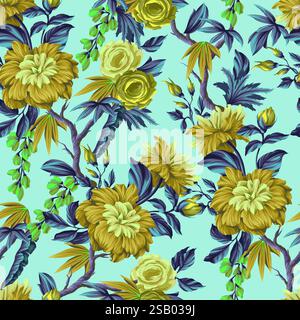 Seamless pattern with Chintz flowers and leaves. Vector. Stock Vector