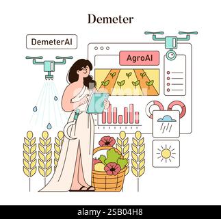 Olympic Gods Synergy AI concept. Demeter oversees agriculture through advanced AI, signaling the fusion of mythology with modern technology. Smart farming and divine guidance. Vector illustration. Stock Vector