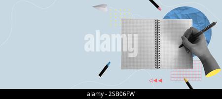 Collage of education tools featuring a hand writing in a notebook on a pastel background, vector illustration Stock Vector