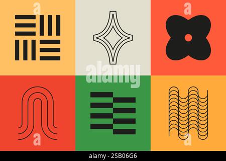 Geometric patterns of lines and shadows - set of flat design style colorful illustrations Stock Vector