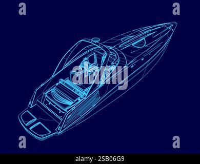 Blue boat outline. The boat is shown in a blue color scheme Stock Vector