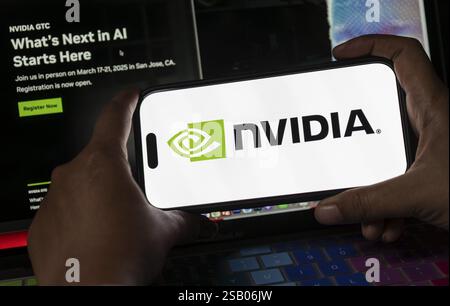 In this photo illustration, the Nvidia Corporation logo is displayed on an iPhone screen on January 30, 2025 in Guwahati, India. Nvidia Corporation is Stock Photo
