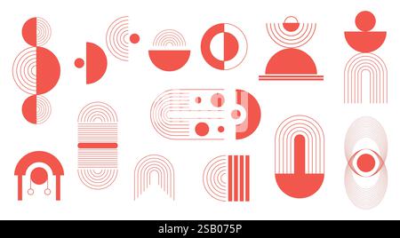 Abstract geometric line elements, mid century shapes set. Vector design contemporary figures: circle, arch, wave, retro sunrise icon. Editable stroke. Stock Vector