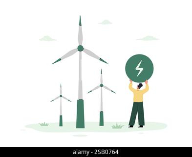 CO2 neutral. Wind electricity generators. Eco power station. Renewable energy, Ecology, Alternative energy. Vector illustration in flat cartoon style Stock Vector