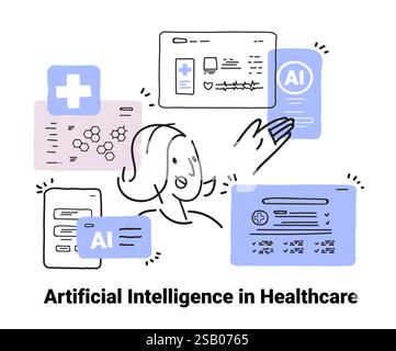 AI in healthcare concept illustration features a person interacting with digital health interfaces icons and diagrams in a minimalist hand-drawn style Stock Vector